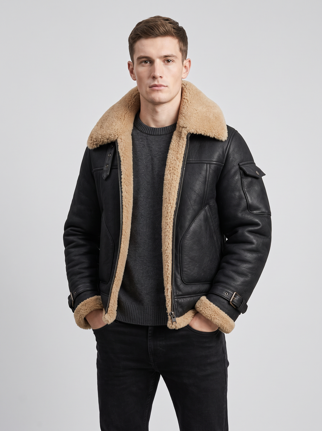 Men's Shearling Aviator Jacket in Black