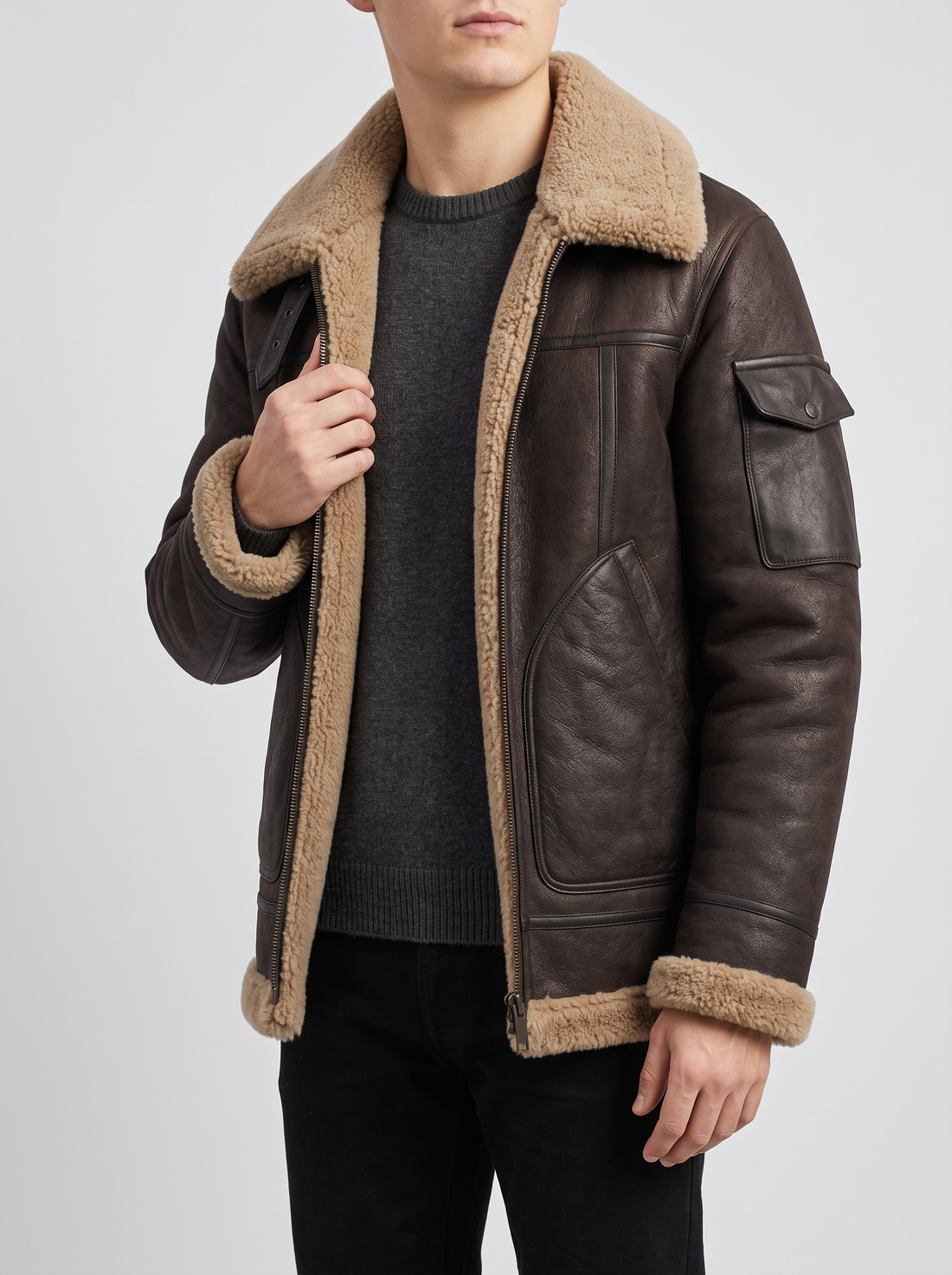 Men's Shearling Aviator Jacket in Coffee