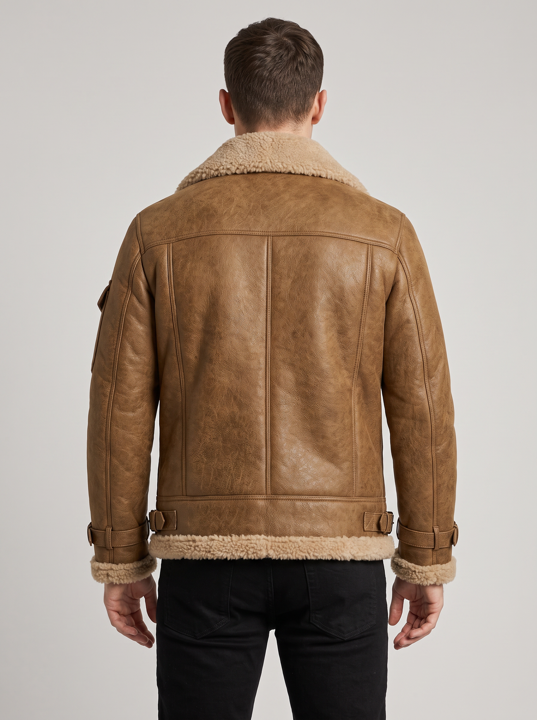 Men's Shearling Aviator Jacket in Brown – back view