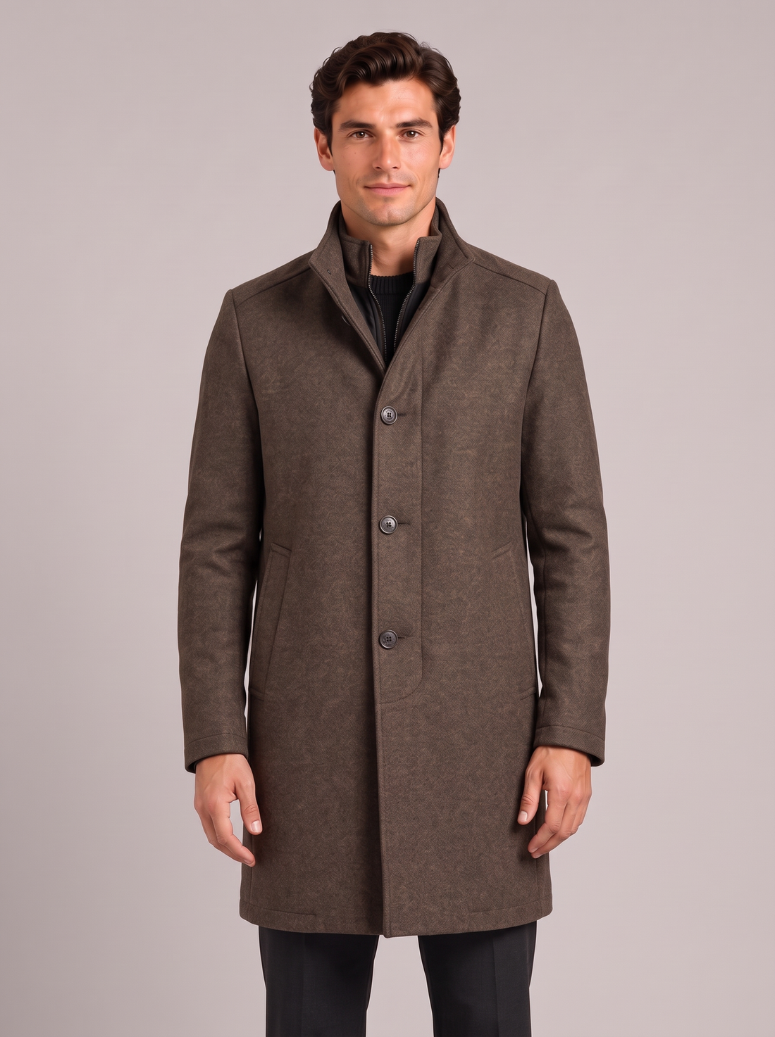 Men's Wool Blend Overcoat – Long Smart Winter Coat with Stand Collar in Brown – front view