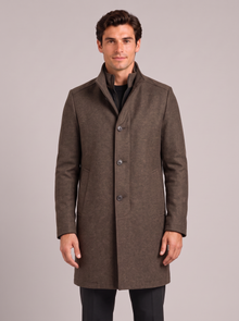 Men's Wool Blend Overcoat – Long Smart Winter Coat with Stand Collar in Brown – front view