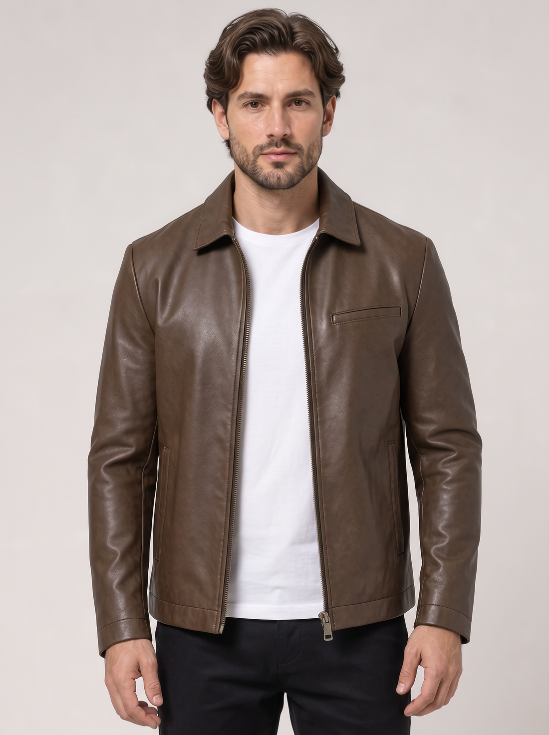 Men's Faux Leather Jacket – Smart Leather-Look Jacket with Stand Collar in Coffee – front view