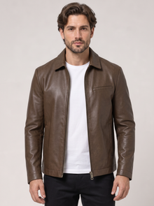 Men's Faux Leather Jacket – Smart Leather-Look Jacket with Stand Collar in Coffee – front view