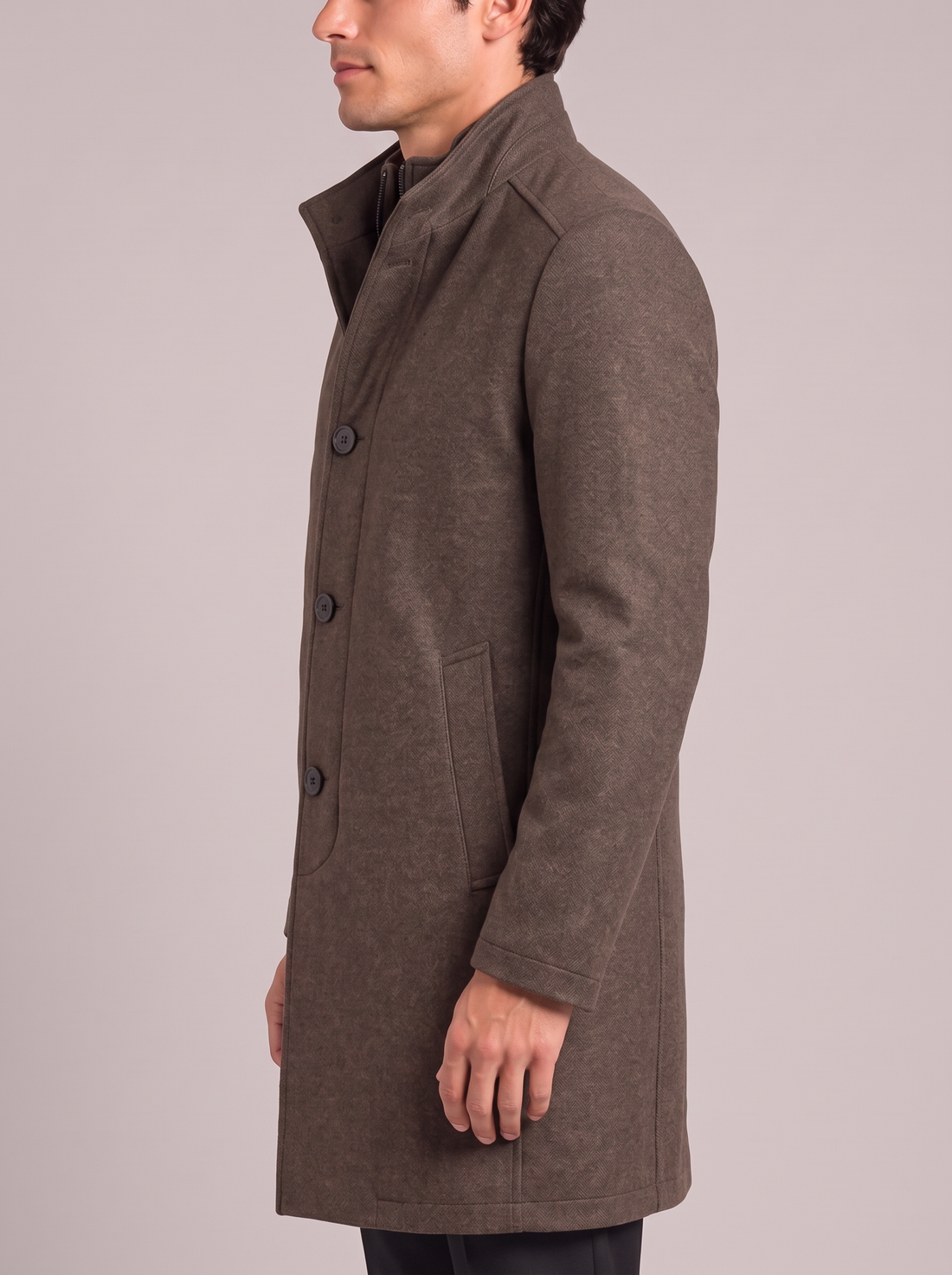 Men's Wool Blend Overcoat – Long Smart Winter Coat with Stand Collar in Brown – front view