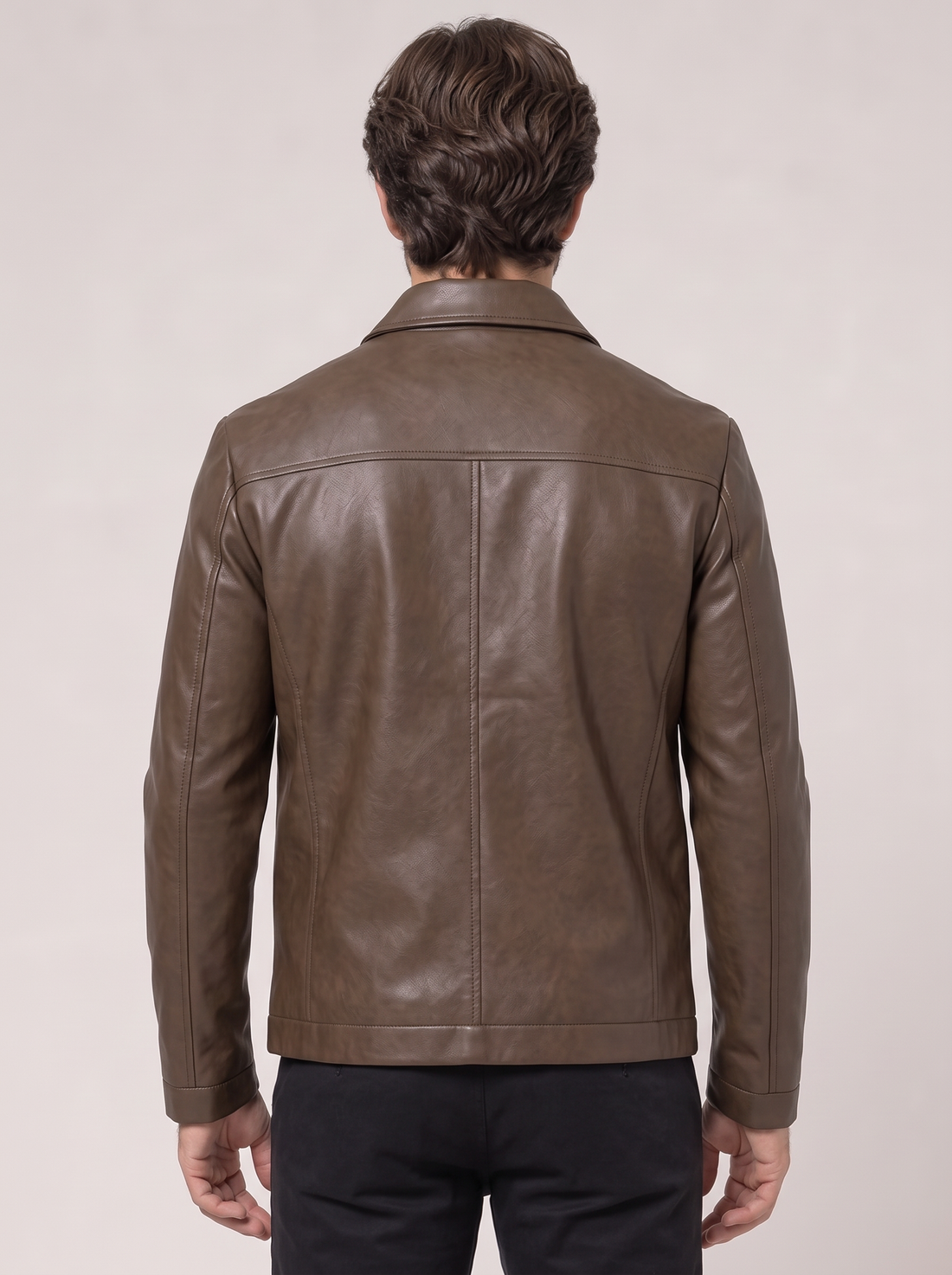 Men's Faux Leather Jacket – Smart Leather-Look Jacket with Stand Collar in Coffee – back view
