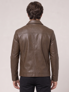 Men's Faux Leather Jacket – Smart Leather-Look Jacket with Stand Collar in Coffee – back view