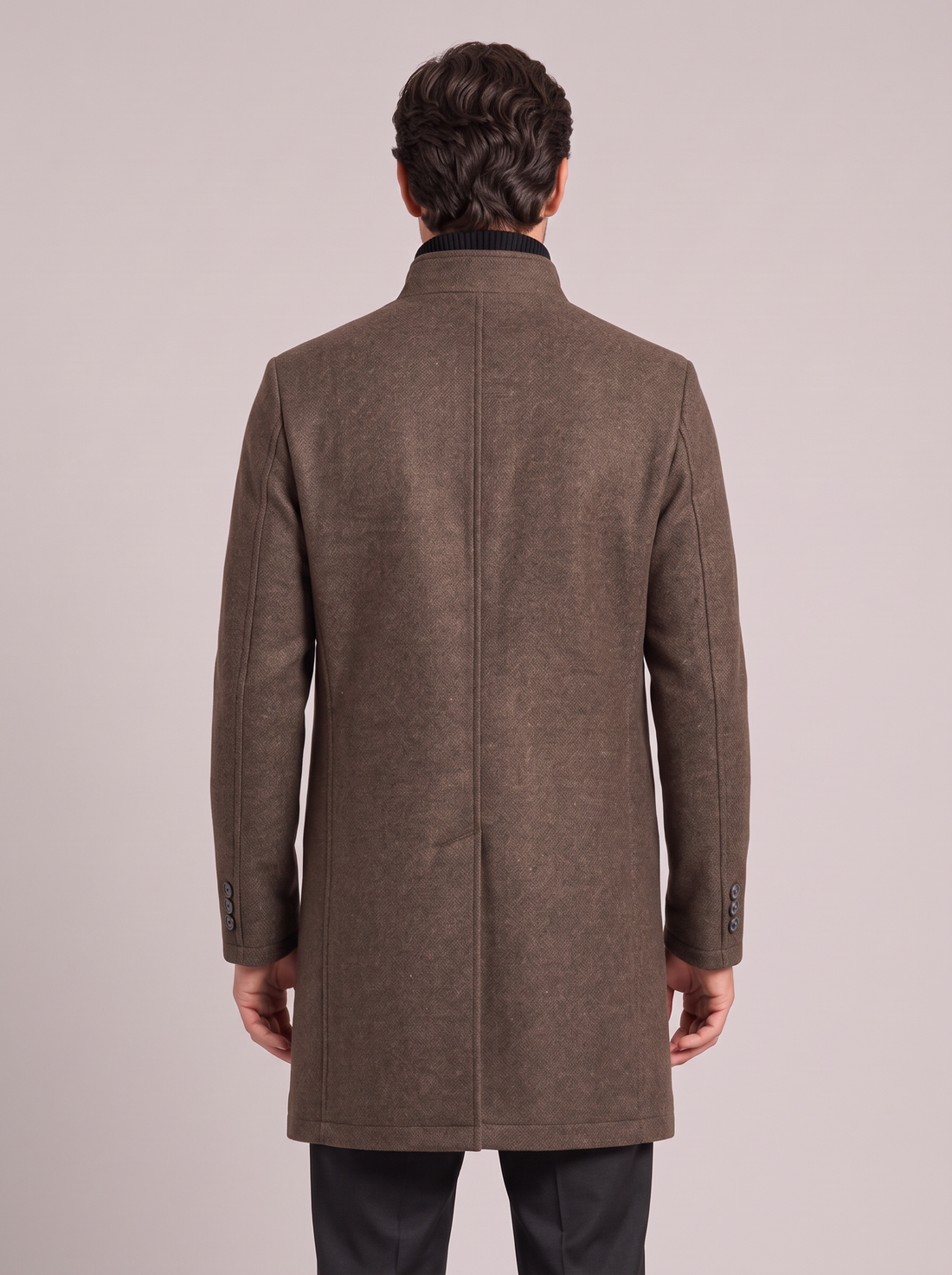 Men's Wool Blend Overcoat – Long Smart Winter Coat with Stand Collar in Brown – back view