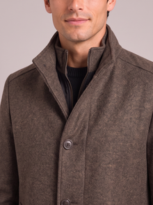 Men's Wool Blend Overcoat in Brown – close-up of stand collar, vest panel and wool blend texture