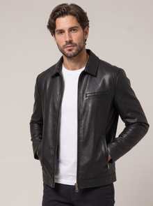 Men's Faux Leather Jacket – Smart Leather-Look Jacket with Stand Collar in Black