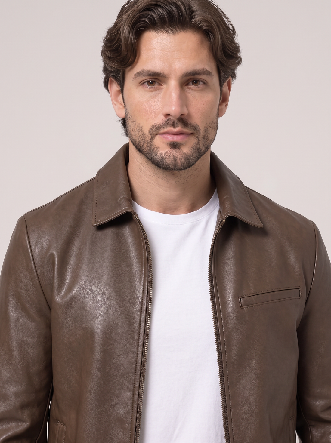 Men's Faux Leather Jacket in Coffee – close-up of stand collar and faux leather texture