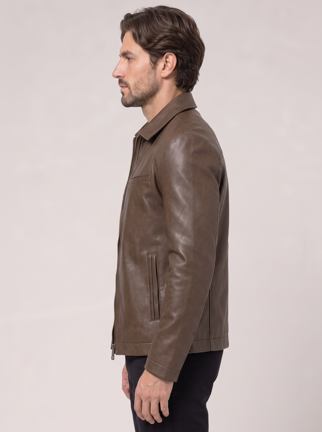 Men's Faux Leather Jacket – Smart Leather-Look Jacket with Stand Collar in Coffee – front view