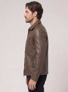 Men's Faux Leather Jacket – Smart Leather-Look Jacket with Stand Collar in Coffee – side view