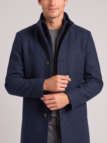 Men's Wool Blend Overcoat – Long Smart Winter Coat with Stand Collar in Navy Blue