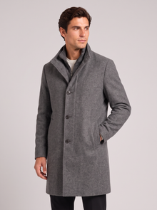 Men's Wool Blend Overcoat – Long Smart Winter Coat with Stand Collar in Grey
