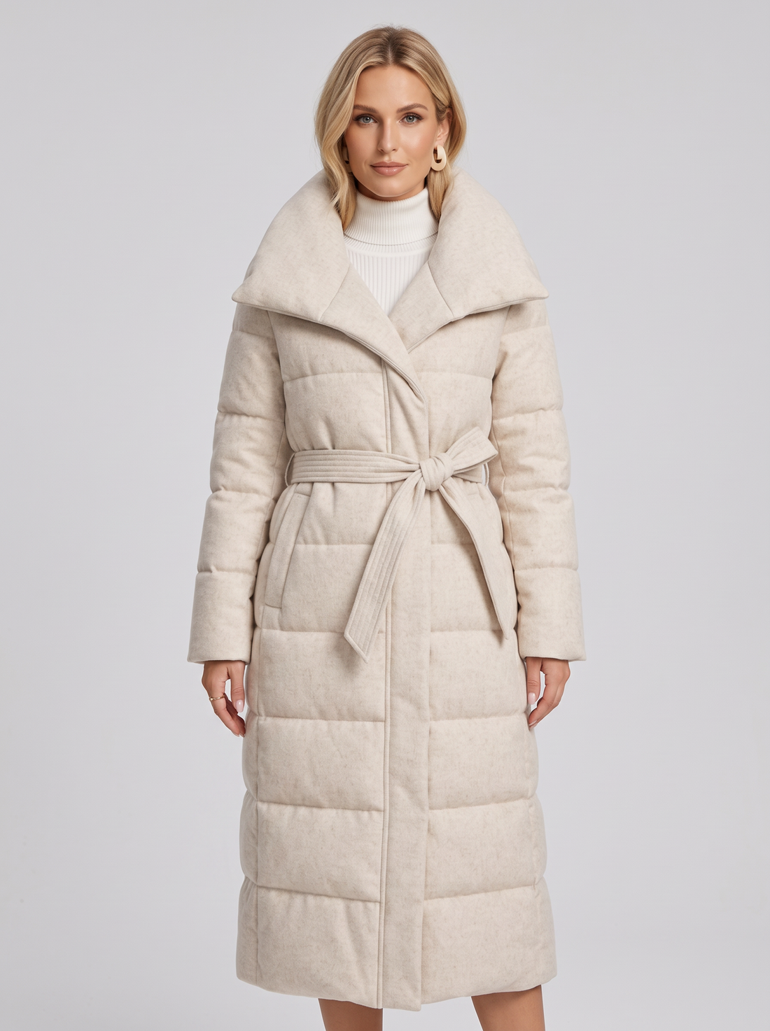 Women's Long Puffer Coat – Belted Quilted Padded Winter Coat in Cream – front view