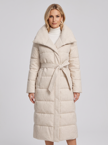 Women's Long Puffer Coat – Belted Quilted Padded Winter Coat in Cream – front view