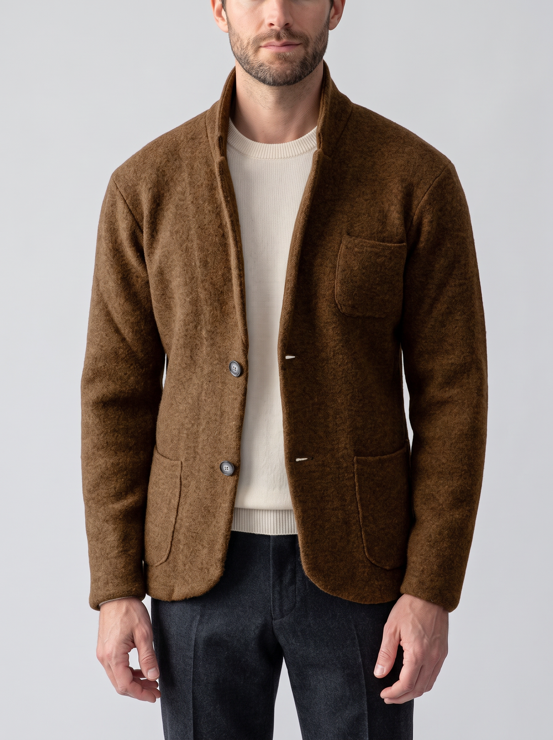 Men's Wool Jacket – Stand Collar Button-Front Smart Casual Jacket in Brown – front view