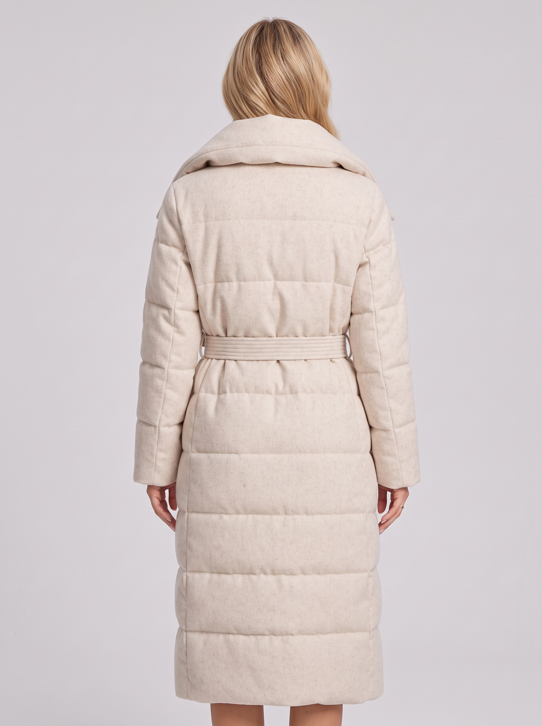 Women's Long Puffer Coat – Belted Quilted Padded Winter Coat in Cream – back view