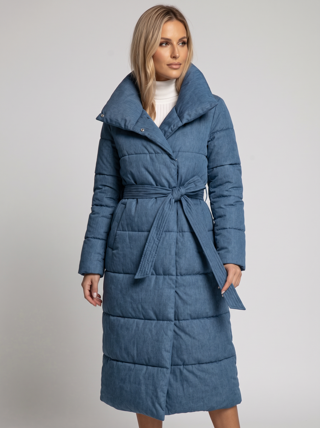 Women's Long Puffer Coat – Belted Quilted Padded Winter Coat in Blue