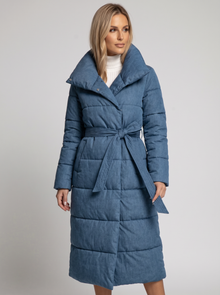 Women's Long Puffer Coat – Belted Quilted Padded Winter Coat in Blue