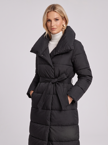 Women's Long Puffer Coat – Belted Quilted Padded Winter Coat in Black