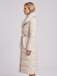Women's Long Puffer Coat – Belted Quilted Padded Winter Coat in Cream – side view