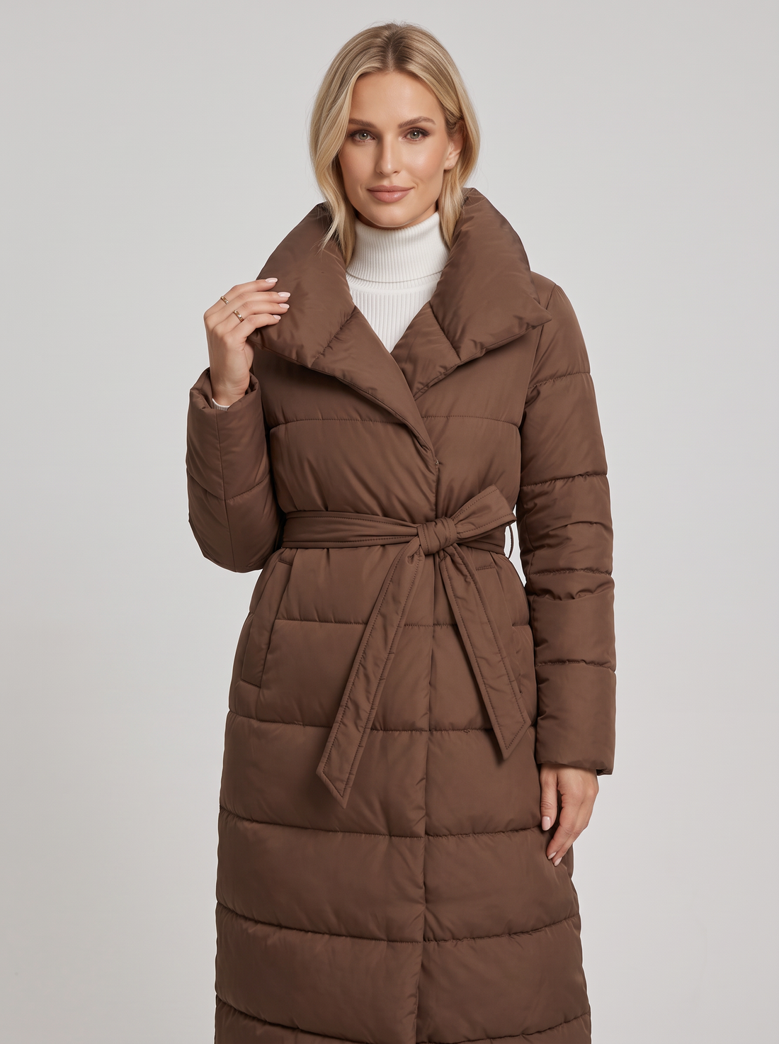 Women's Long Puffer Coat – Belted Quilted Padded Winter Coat in Brown