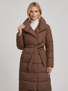Women's Long Puffer Coat – Belted Quilted Padded Winter Coat in Brown
