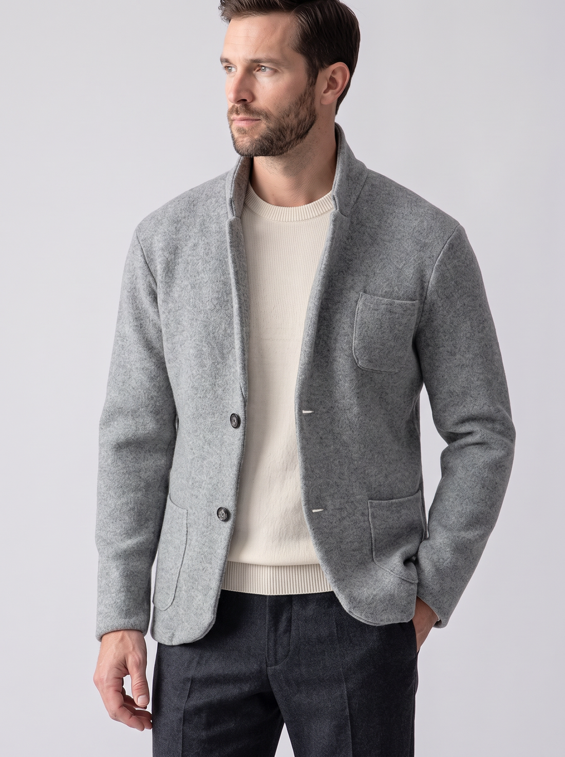Men's Wool Jacket – Stand Collar Button-Front Smart Casual Jacket in Grey