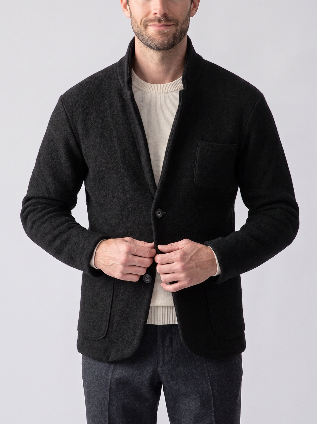 Men's Wool Jacket – Stand Collar Button-Front Smart Casual Jacket in Black