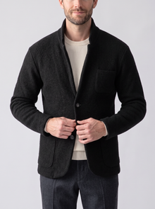 Men's Wool Jacket – Stand Collar Button-Front Smart Casual Jacket in Black