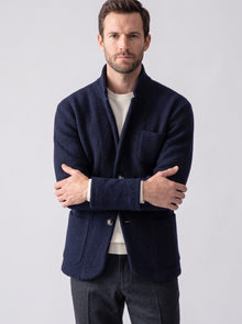 Men's Wool Jacket – Stand Collar Button-Front Smart Casual Jacket in Navy