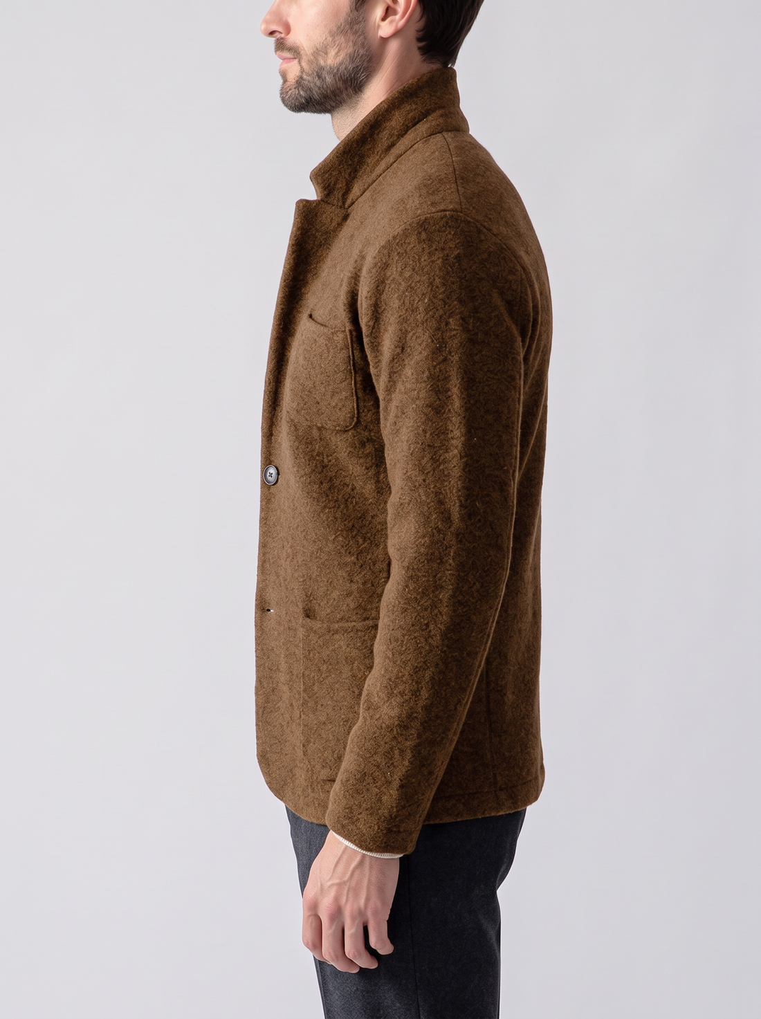 Men's Wool Jacket – Stand Collar Button-Front Smart Casual Jacket in Brown – front view