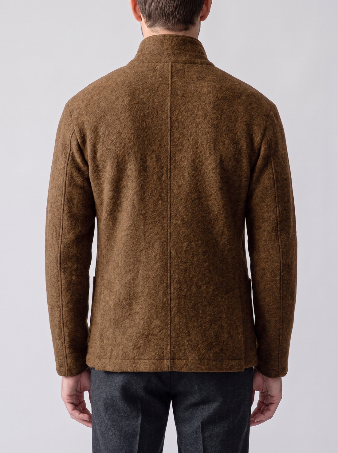 Men's Wool Jacket – Stand Collar Button-Front Smart Casual Jacket in Brown – back view