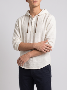 Men's Linen Hooded Henley Shirt in White