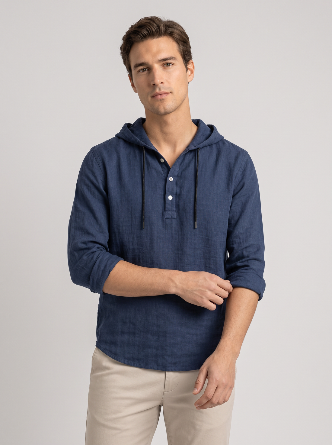 Men's Linen Hooded Henley Shirt in Navy