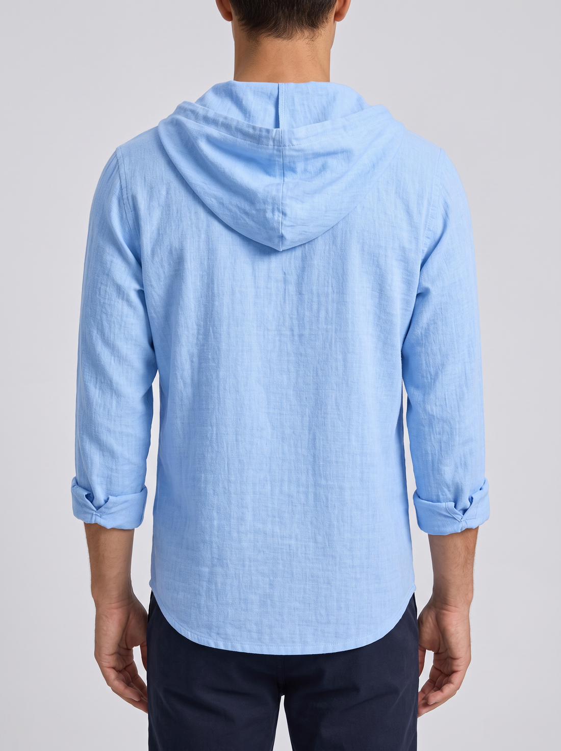 Men's Linen Hooded Henley Shirt in Light Blue – back view