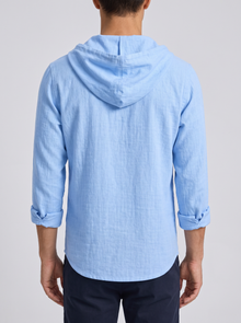 Men's Linen Hooded Henley Shirt in Light Blue – back view
