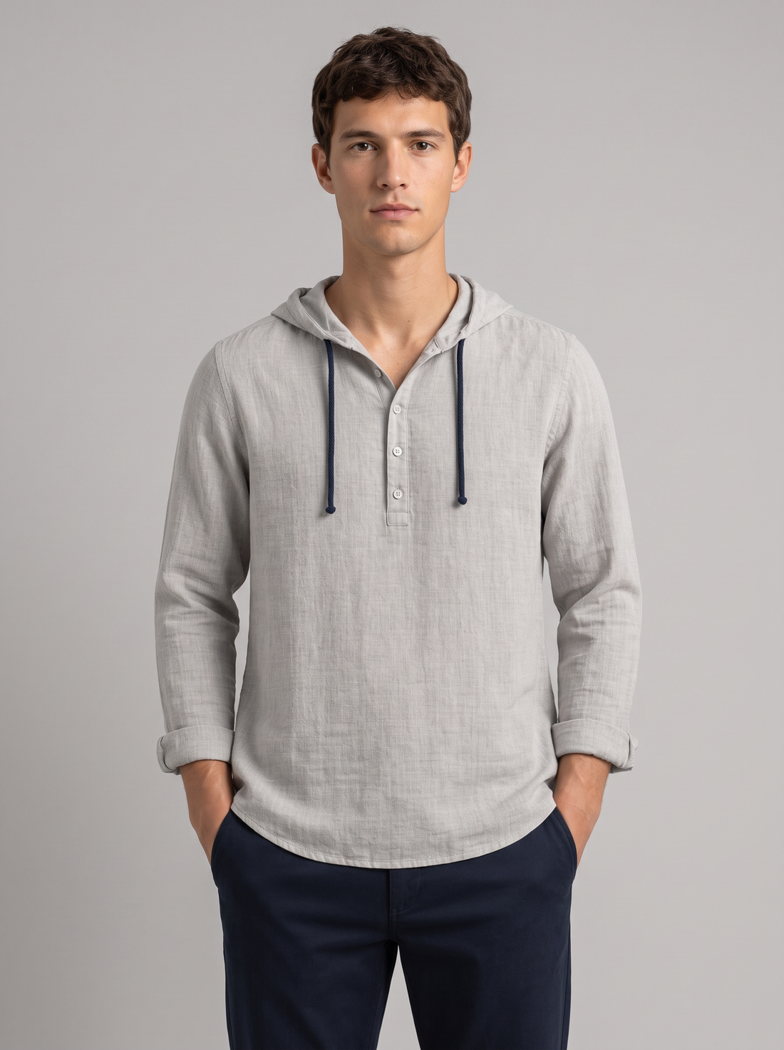 Men's Linen Hooded Henley Shirt in Grey