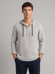 Men's Linen Hooded Henley Shirt in Grey