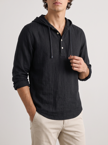 Men's Linen Hooded Henley Shirt in Black