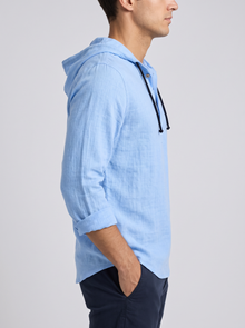 Men's Linen Hooded Henley Shirt in Light Blue – side view