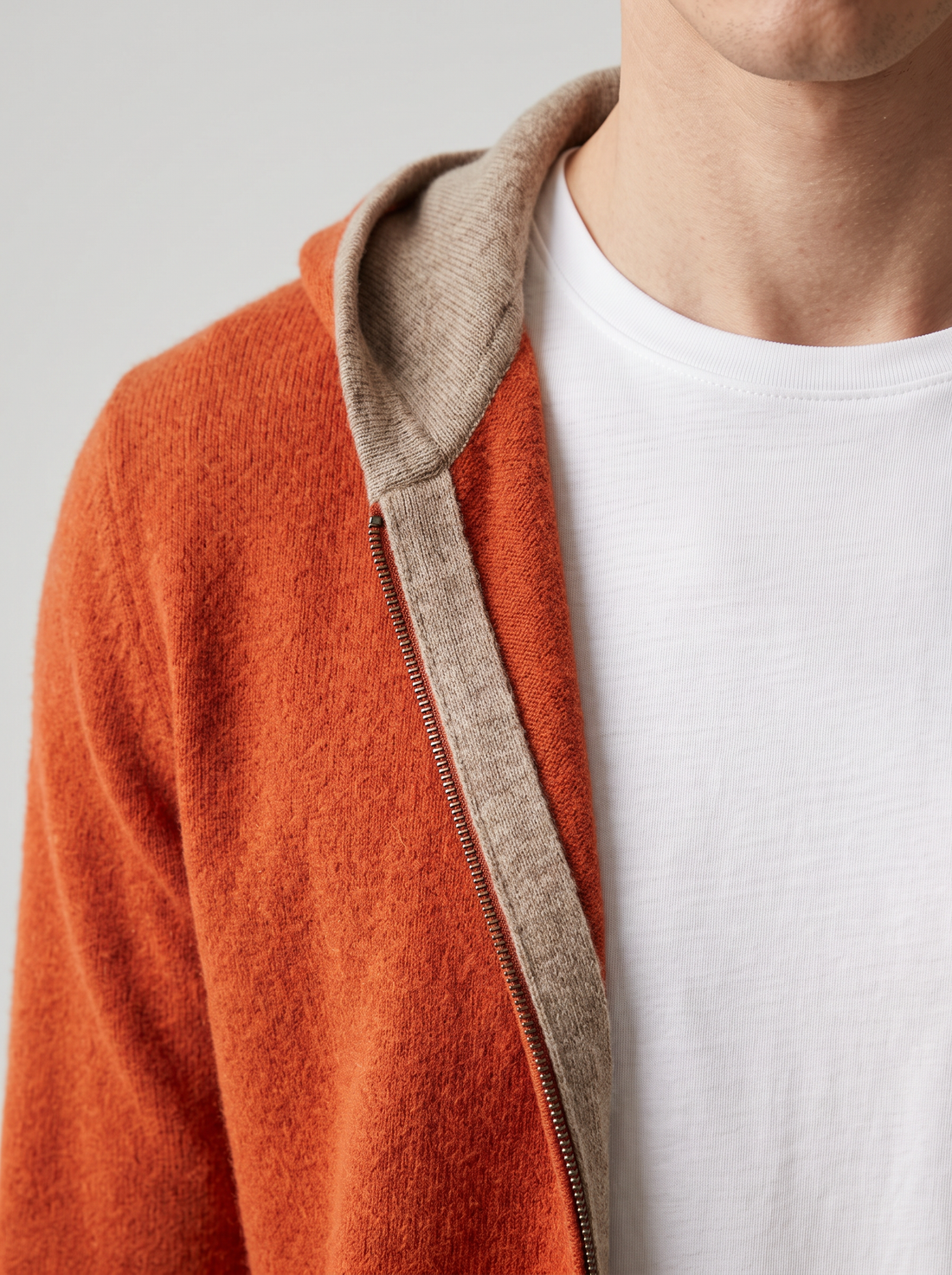 Men's Knitted Zip Up Hoodie in Burnt Orange – reversible close-up