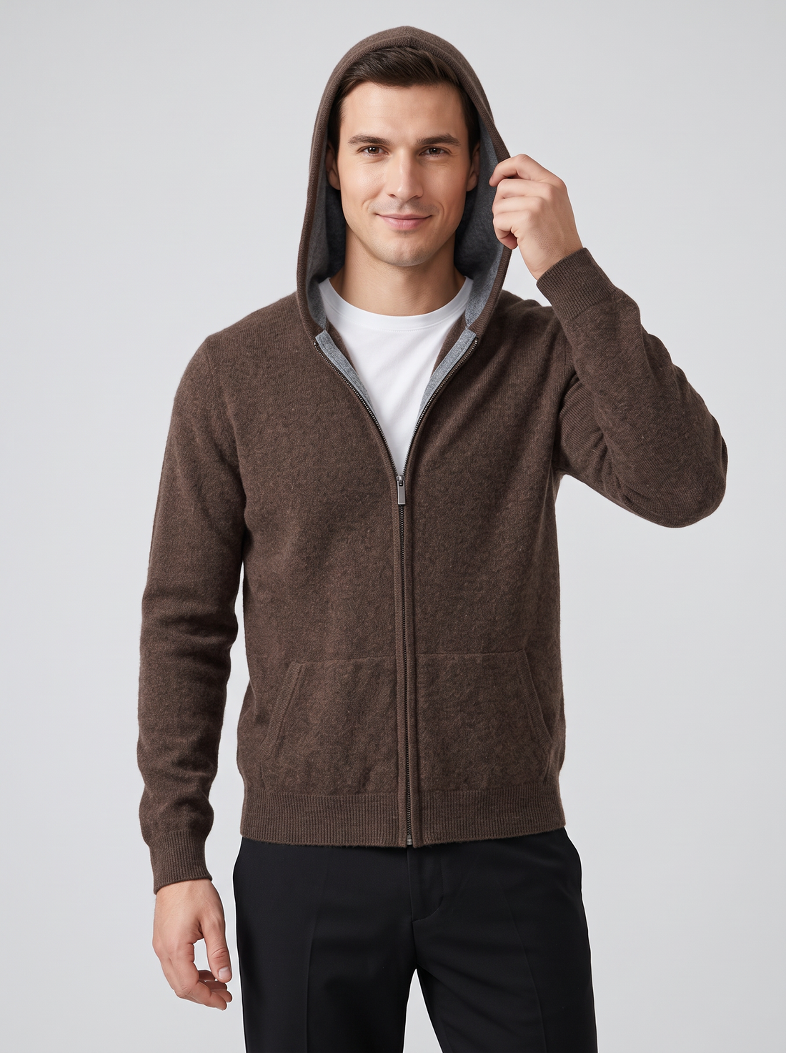 Men's Knitted Zip Up Hoodie in Dark Brown