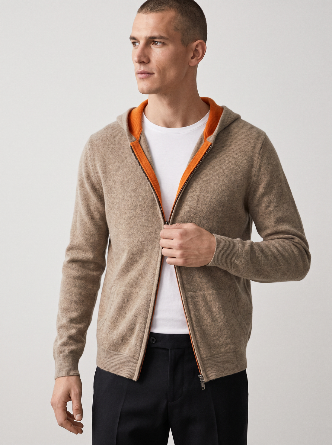 Men's Knitted Zip Up Hoodie in Taupe