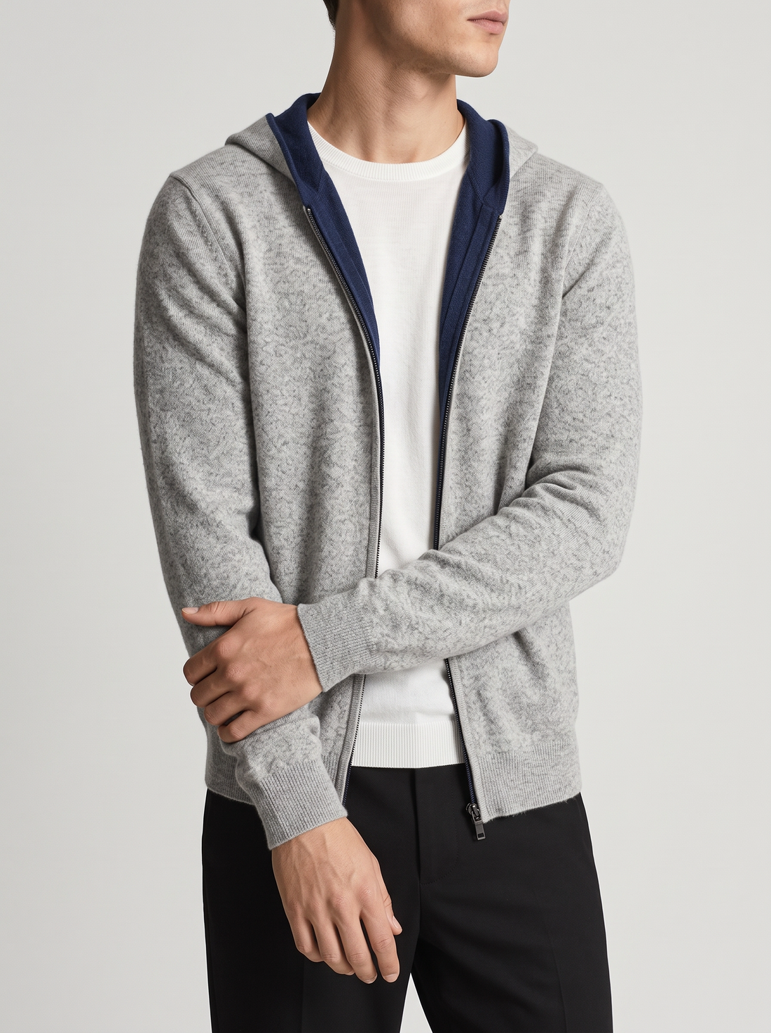 Men's Knitted Zip Up Hoodie in Light Grey