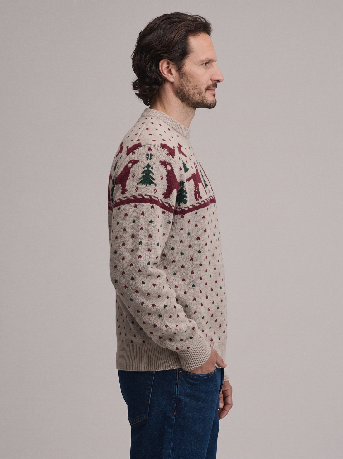 Men's Dog Christmas Jumper in Oatmeal – front view