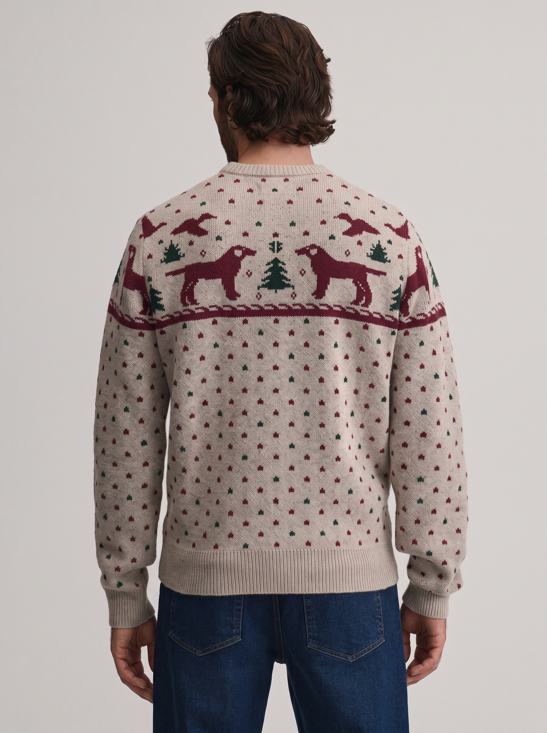 Men's Dog Christmas Jumper in Oatmeal – back view