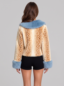 Women's Cropped Faux Fur Jacket in Fawn & Blue – back view