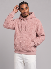Men's pink fleece teddy pullover hoodie, front view